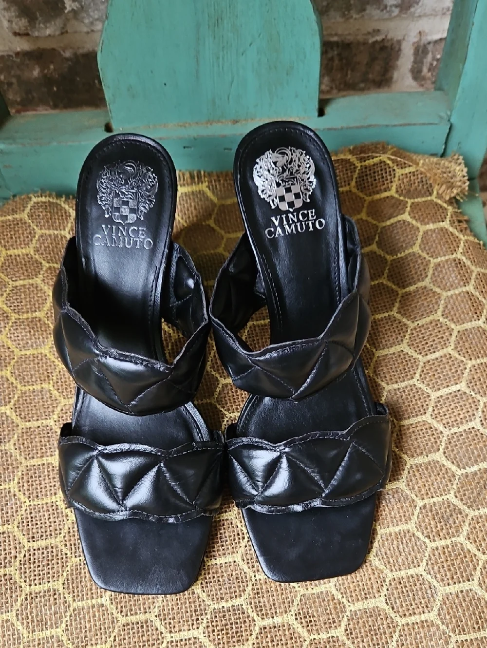 Vince Camuto Renneya Quilted Leather Black Block Heels
